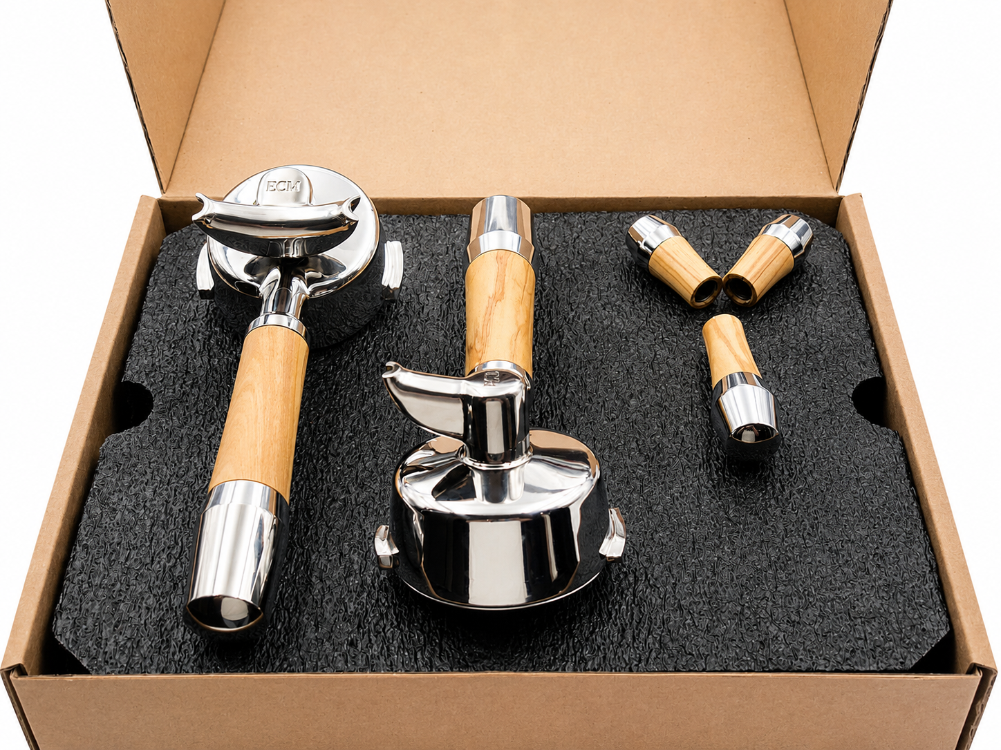 ECM Olivenholz Griffset mit Edelstahl Filterträgern für Kippventil Maschinen