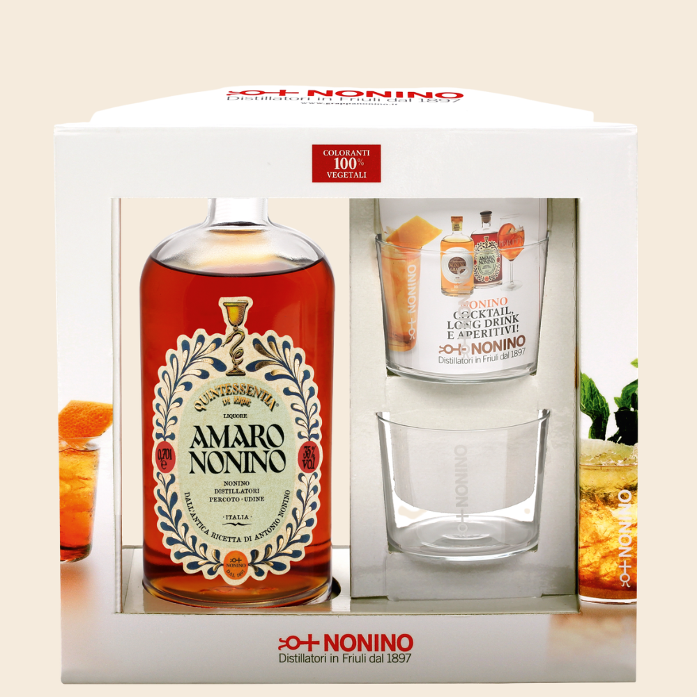 Amaro Nonino Quintessentia® Geschenkpackung 35 % Vol. mit 2 Gläsern