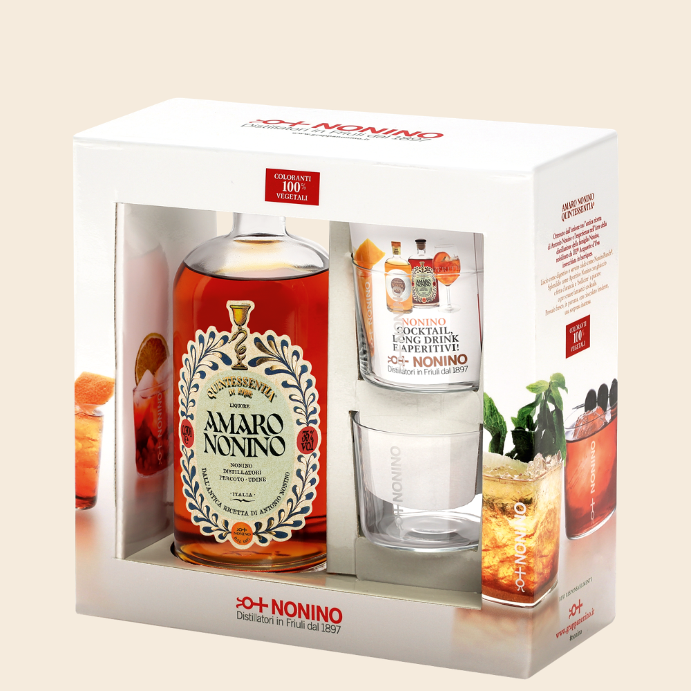 Amaro Nonino Quintessentia® Geschenkpackung 35 % Vol. mit 2 Gläsern
