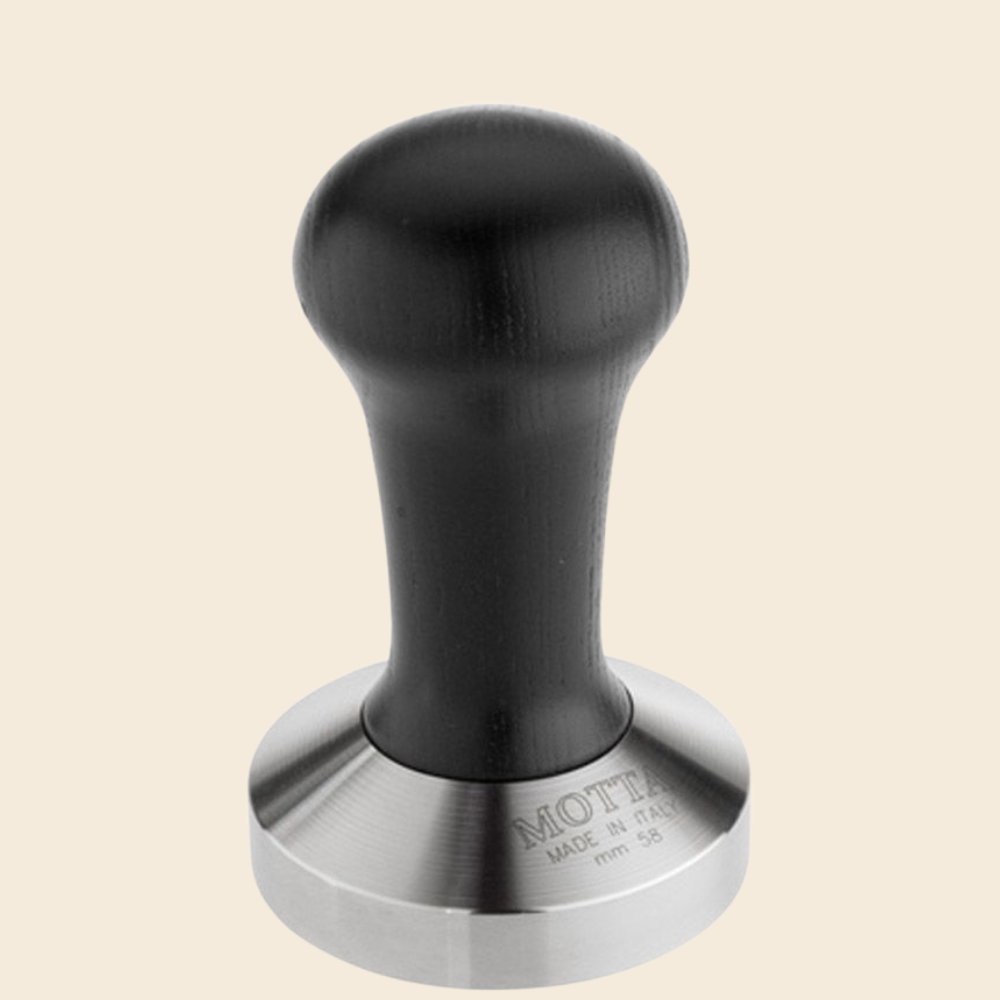 Motta Tamper Edelstahl mit Holzgriff schwarz 58mm plan
