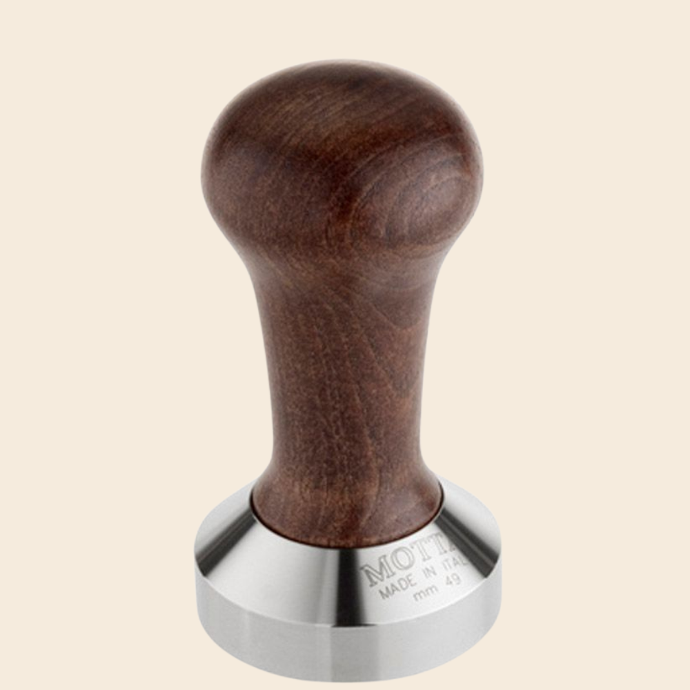 Motta Tamper Edelstahl mit Holzgriff braun in 49mm, 53mm, 57mm, 58mm plan & 58mm gewölbt erhältlich
