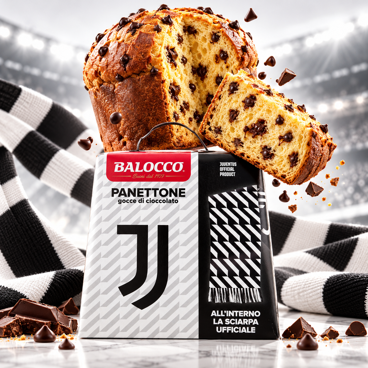 Balocco Panettone Juventus mit Schokoladenstückchen & Schal 500g