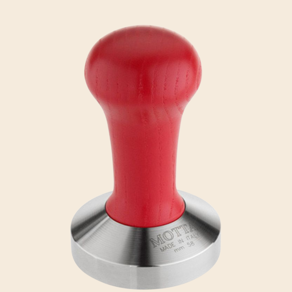 Motta Tamper Edelstahl mit Holzgriff rot 58mm plan
