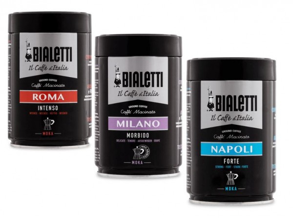 Bialetti Kaffee gemahlen Moka Espressokocher 1 x Roma, Milano, Napoli je 250g