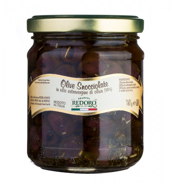 Redoro eingelegte, entsteinte Oliven in Olio extra Vergine